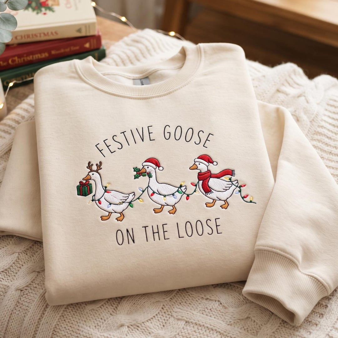 Festive Goose on the Loose Christmas Lights Santa Hat Scarf embroidered sweatshirt — front view