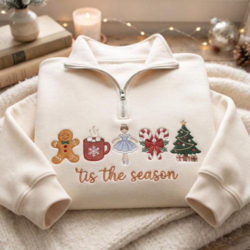 'tis the Season Gingerbread Ballerina Candy Cane Christmas Tree Hot Cocoa embroidered sweatshirt — front view