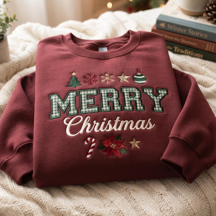 Merry Christmas Gingham Letters Poinsettia Candy Cane Ornament Embroidered Sweatshirt