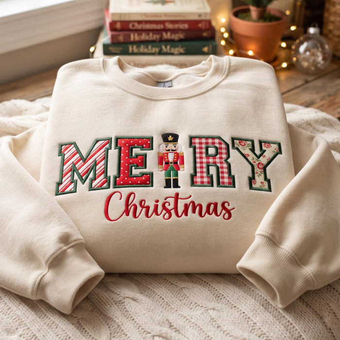 Merry Christmas Nutcracker Patchwork Varsity Letters Embroidered Sweatshirt