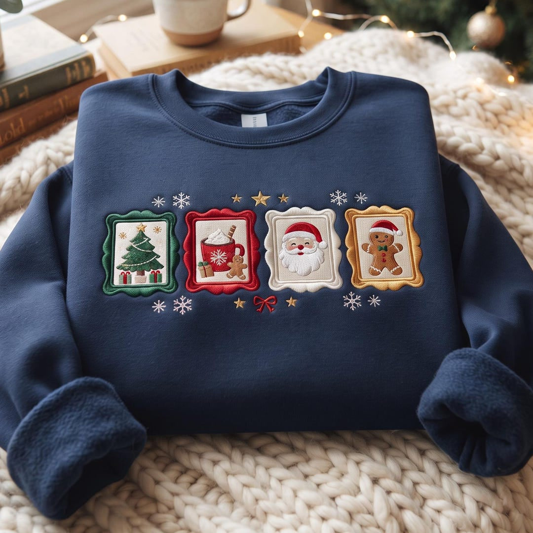 Christmas Tree Santa Gingerbread Hot Cocoa Vintage Frames embroidered sweatshirt — front view