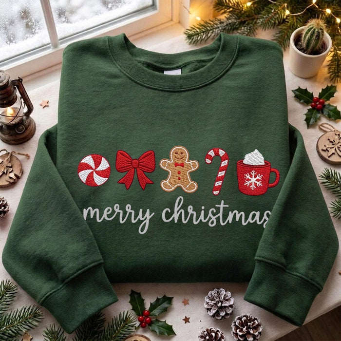 Christmas Gingerbread Man Candy Cane Peppermint Bow Hot Cocoa Merry Christmas Embroidered Hoodie