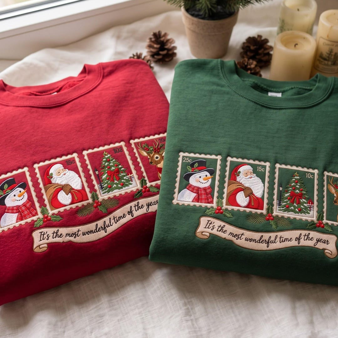 Christmas Vintage Postage Stamps Santa Snowman Reindeer Tree Most Wonderful Time embroidered sweatshirt — front view