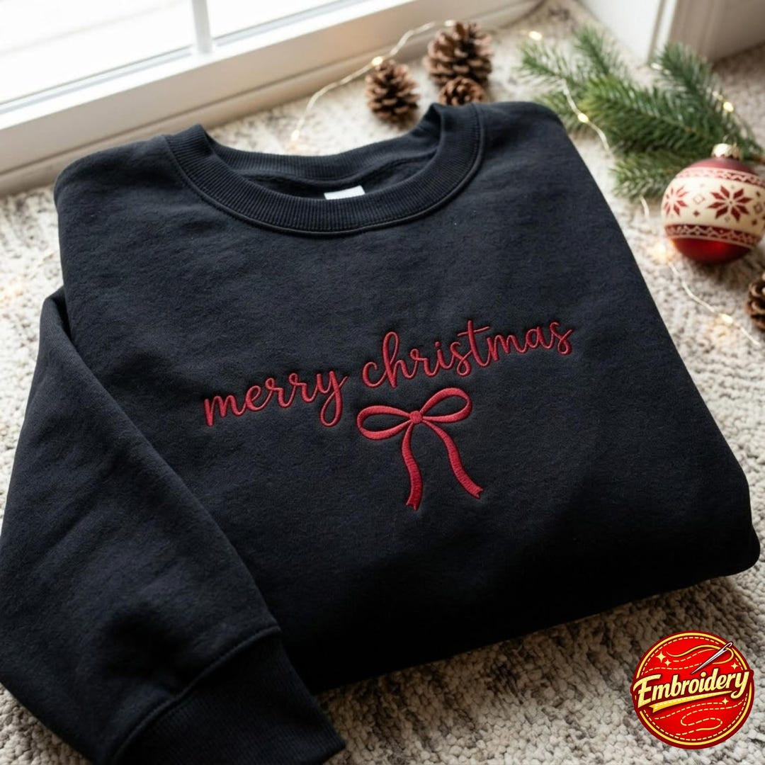 Merry Christmas Coquette Bow Script embroidered sweatshirt — front view
