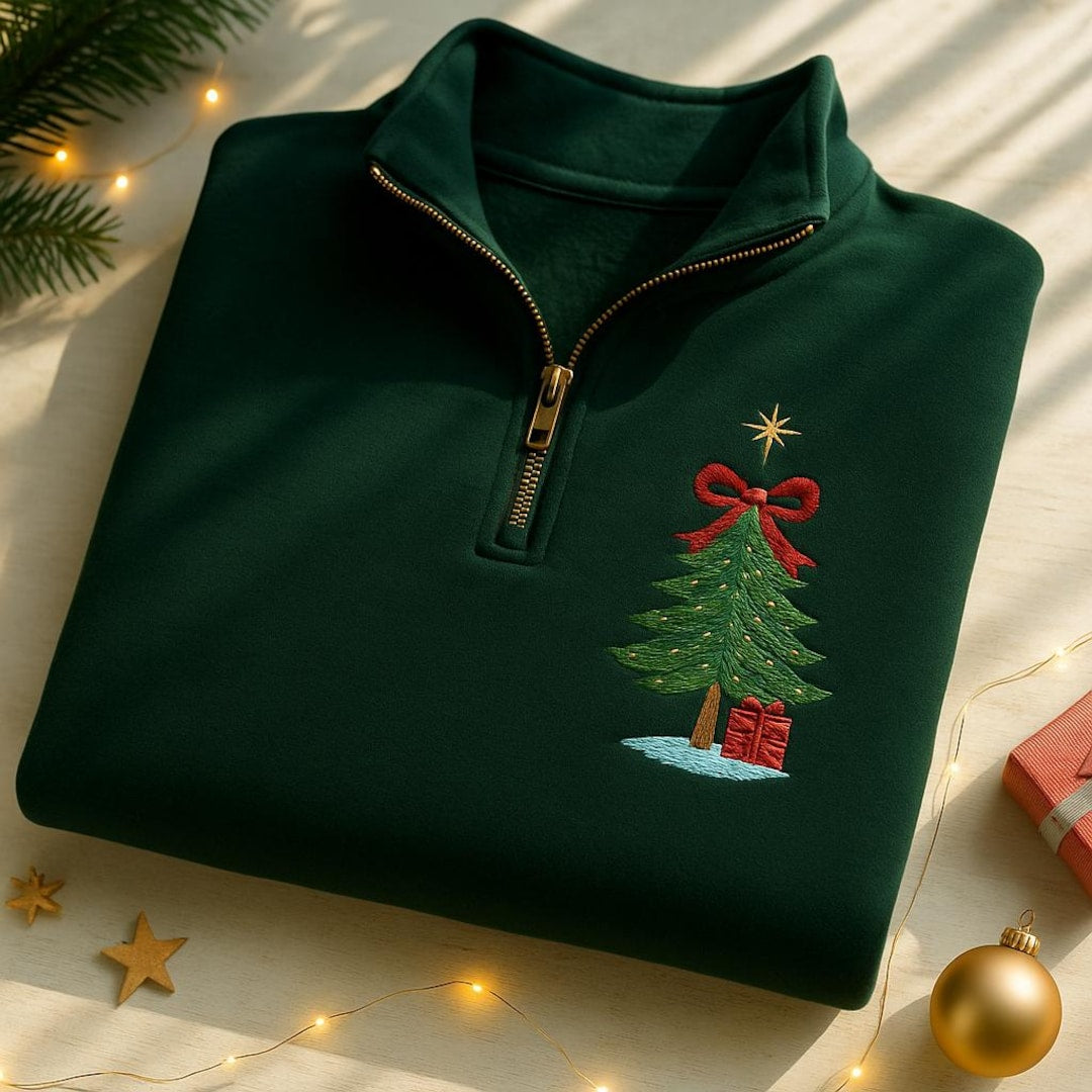Christmas Tree Coquette Bow Star Gift Present Holiday embroidered sweatshirt — front view