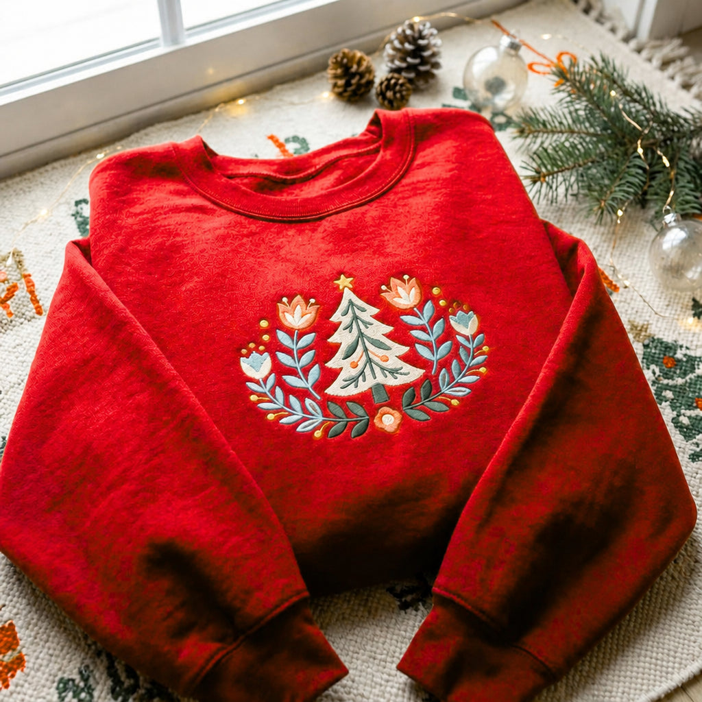 Scandinavian Folk Art Christmas Tree Floral Botanical Holiday embroidered sweatshirt — front view
