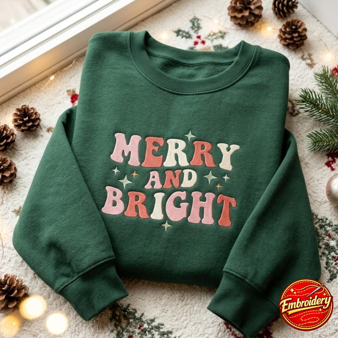 Merry and Bright Retro Groovy Christmas Sparkle Stars embroidered sweatshirt — front view