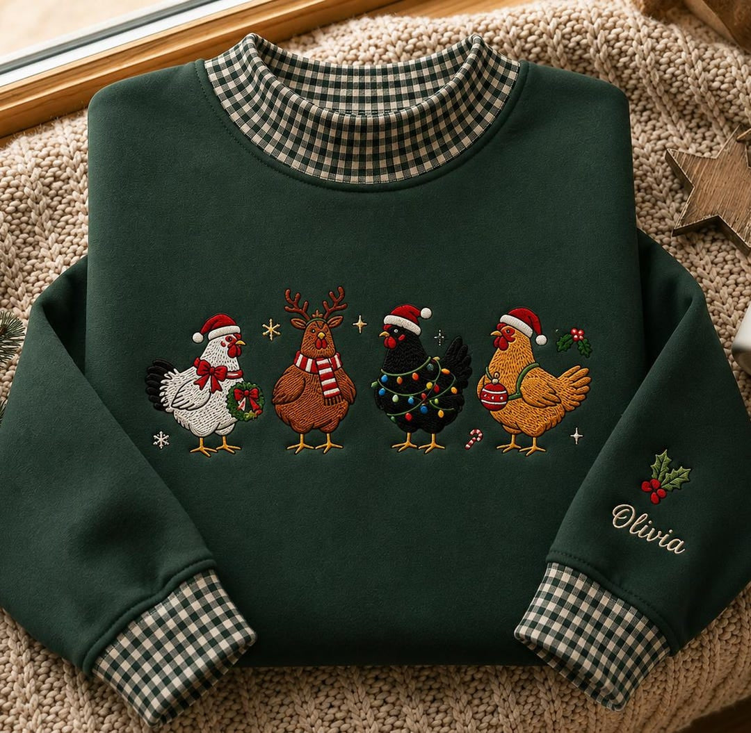 Personalized Christmas Chickens Santa Hat Wreath Lights Scarf Holly Name embroidered sweatshirt — front view