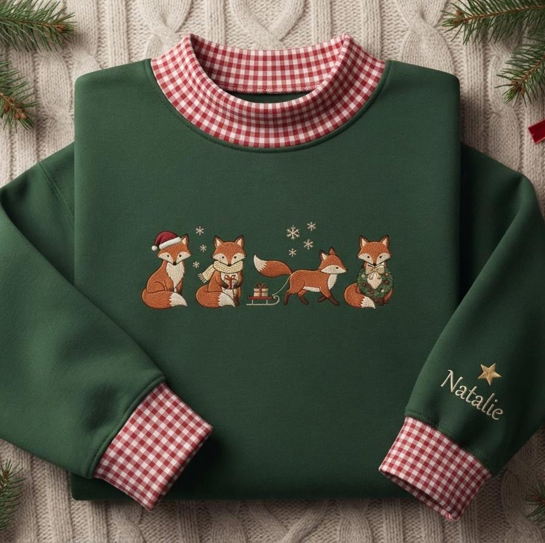 Personalized Christmas Fox Gingham Sleigh Snowflakes Wreath Santa Hat embroidered sweatshirt — front view