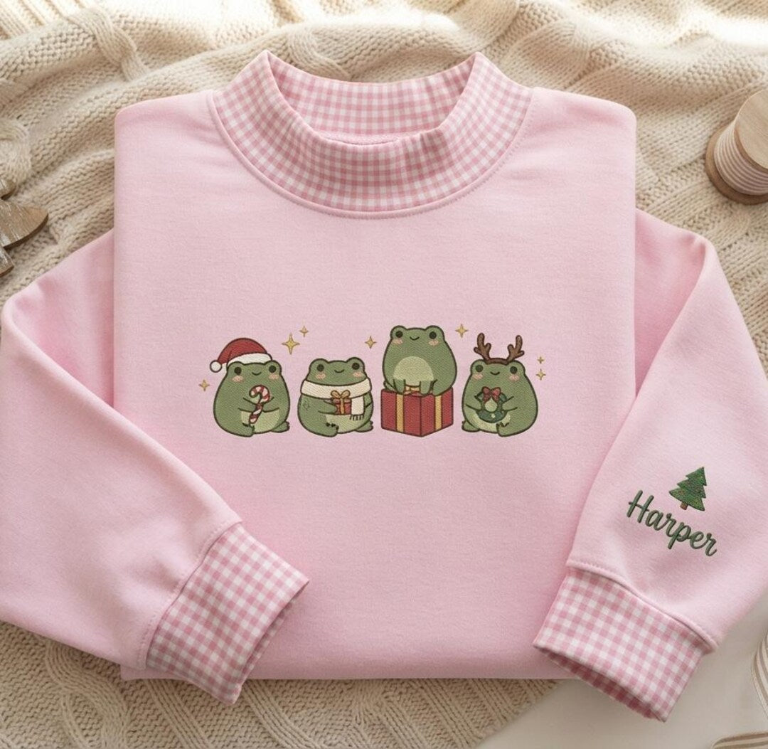 Personalized Christmas Frogs Santa Hat Reindeer Candy Cane Wreath Sleeve Name embroidered sweatshirt — front view