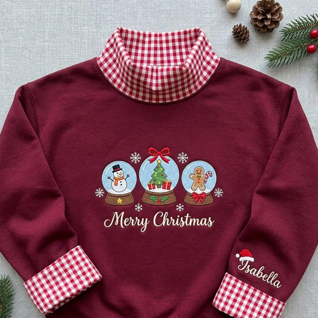 Personalized Christmas Snow Globe Trio Snowman Tree Gingerbread Merry Christmas embroidered sweatshirt — front view
