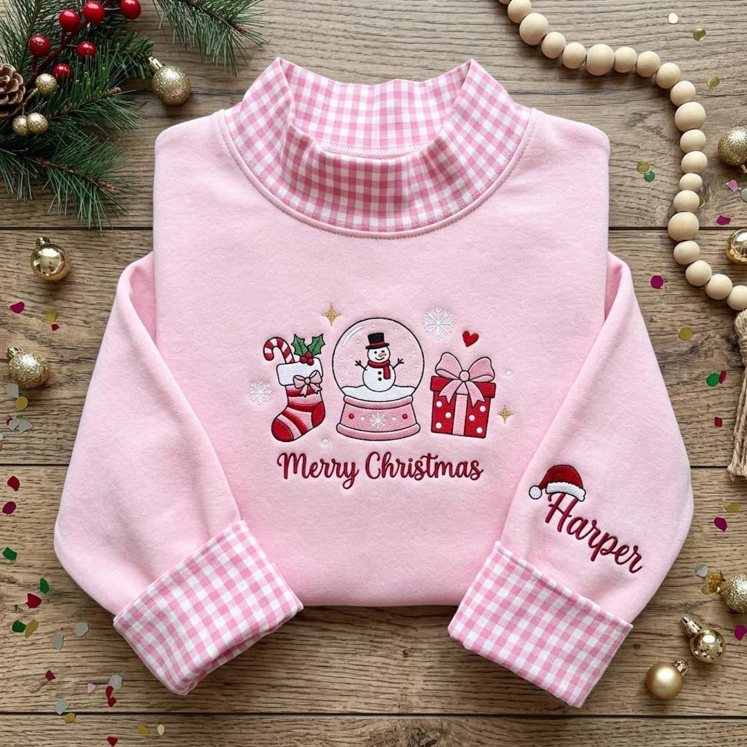 Personalized Merry Christmas Snow Globe Snowman Stocking Gift embroidered sweatshirt — front view
