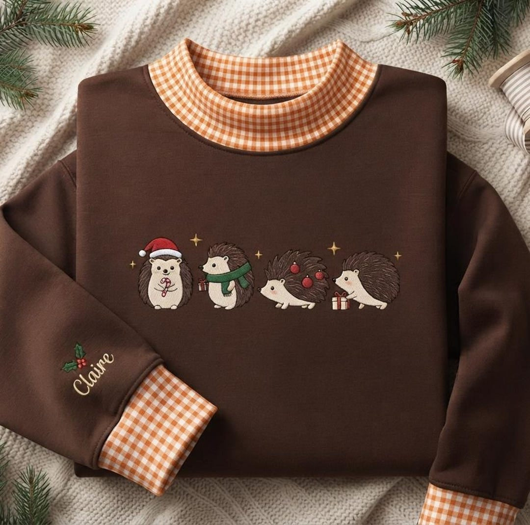 Personalized Christmas Hedgehog Family Santa Scarf Ornaments Gift embroidered gingham sweatshirt — front view