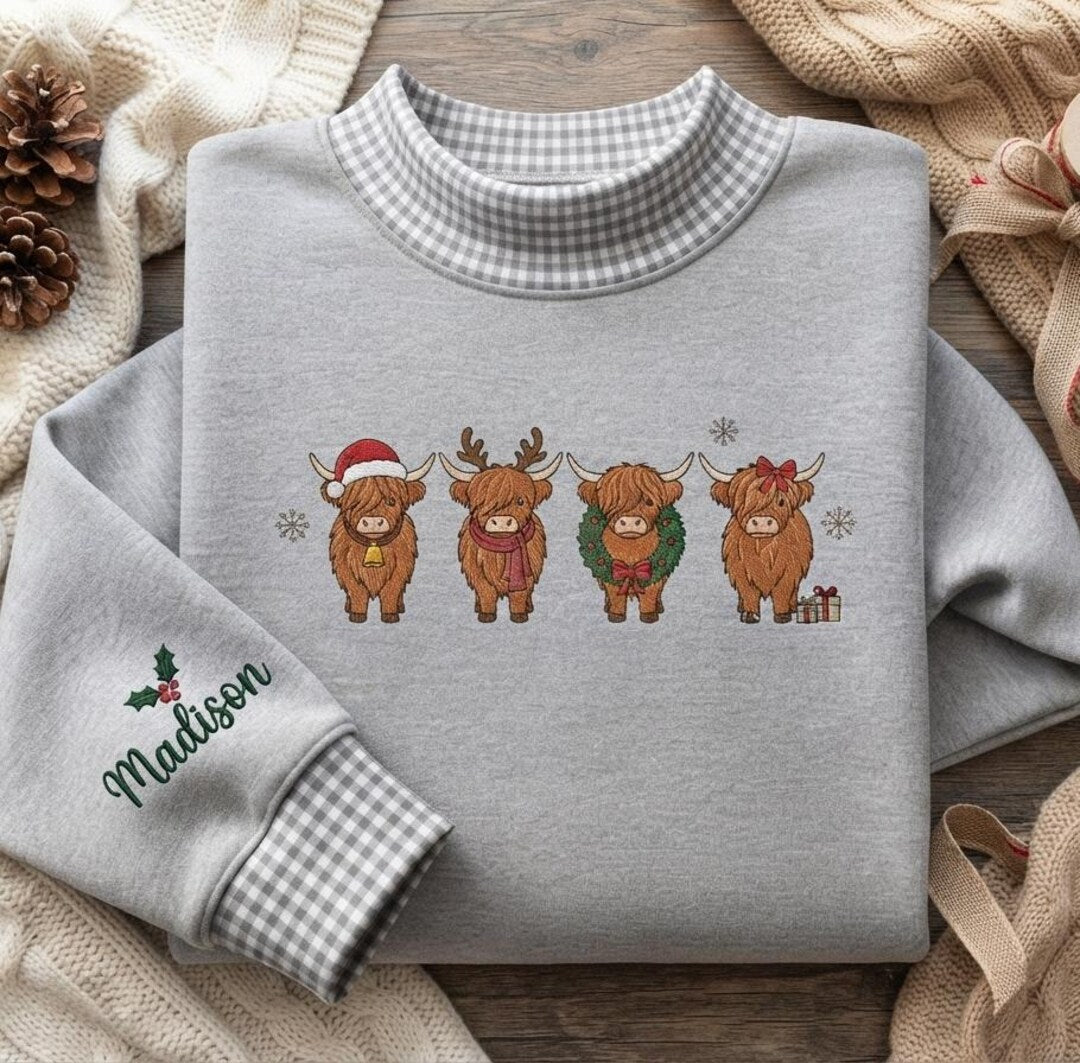 Personalized Christmas Highland Cow Santa Reindeer Wreath Bow Custom Name Sleeve embroidered sweatshirt — front view