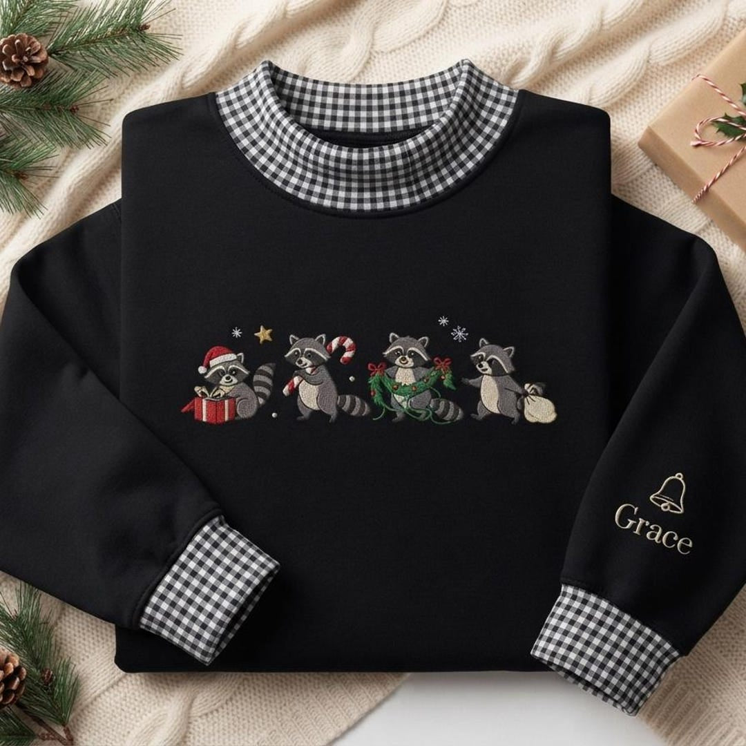 Personalized Christmas Raccoons Holiday Wreath Candy Cane Custom Name Sleeve embroidered sweatshirt — front view