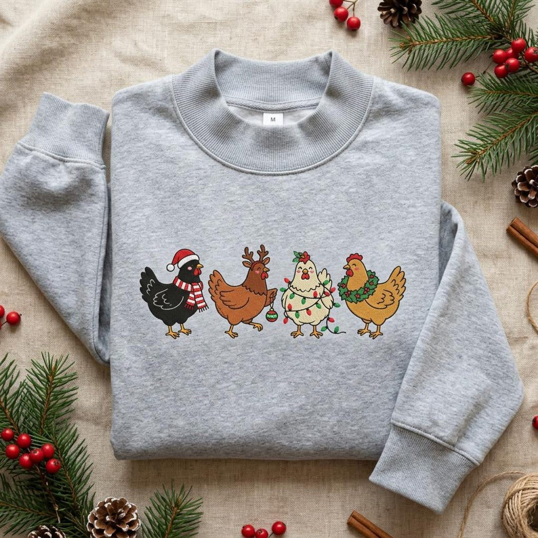 Christmas Chickens Santa Reindeer Lights Wreath Holiday Festive embroidered sweatshirt — front view