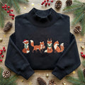Christmas Fox Woodland Animals Santa Hat Wreath Lights Holiday embroidered mock neck sweatshirt — front view