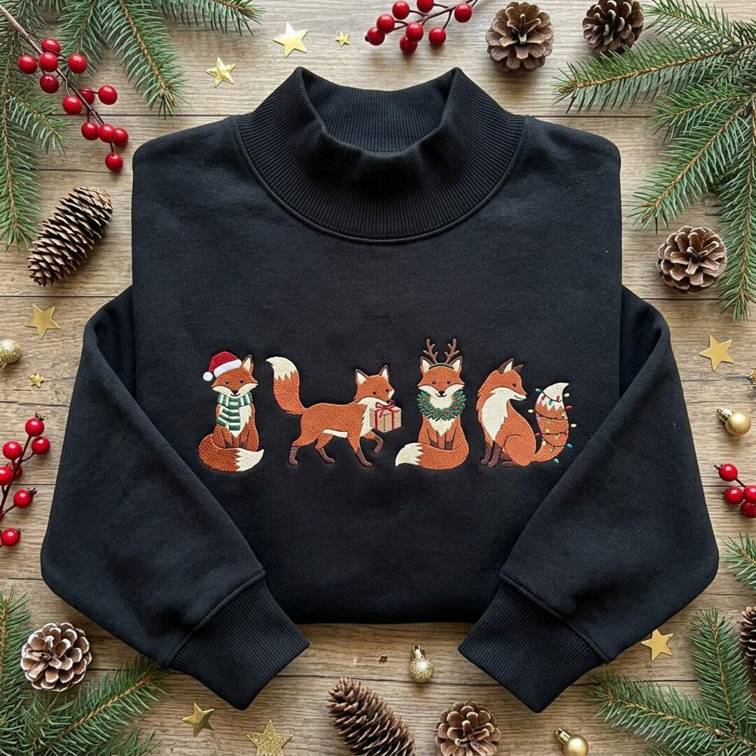 Christmas Fox Woodland Animals Santa Hat Wreath Lights Holiday embroidered sweatshirt — front view