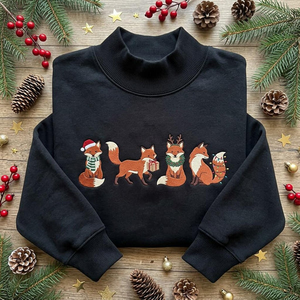 Christmas Fox Woodland Animals Santa Hat Wreath Lights Holiday embroidered mock neck sweatshirt — front view