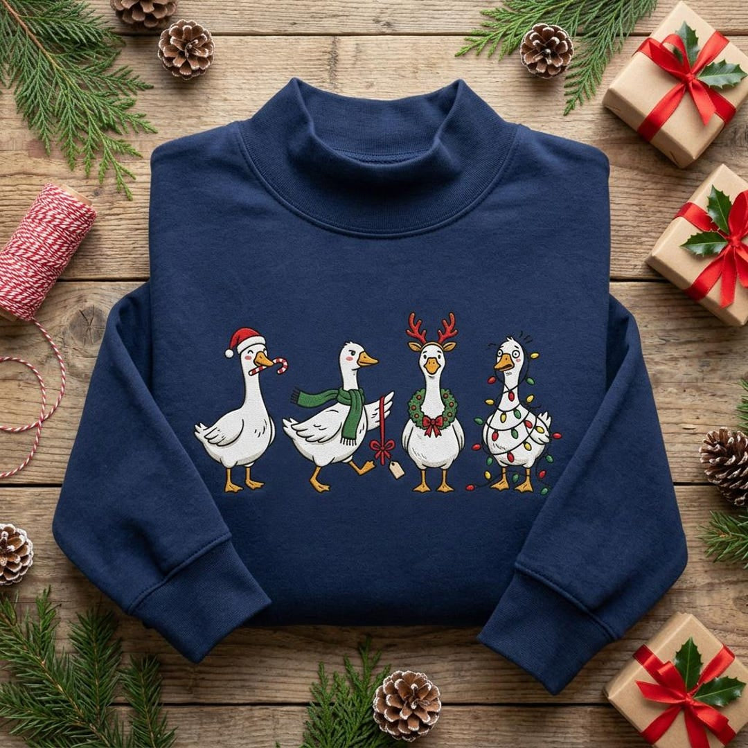 Christmas Geese Santa Hat Reindeer Antlers Wreath String Lights Holiday embroidered sweatshirt — front view