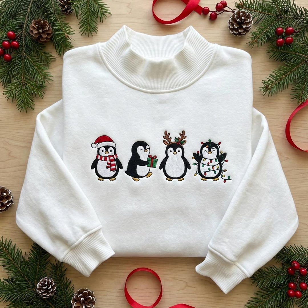 Christmas Four Penguins Santa Reindeer Lights Holiday embroidered sweatshirt — front view
