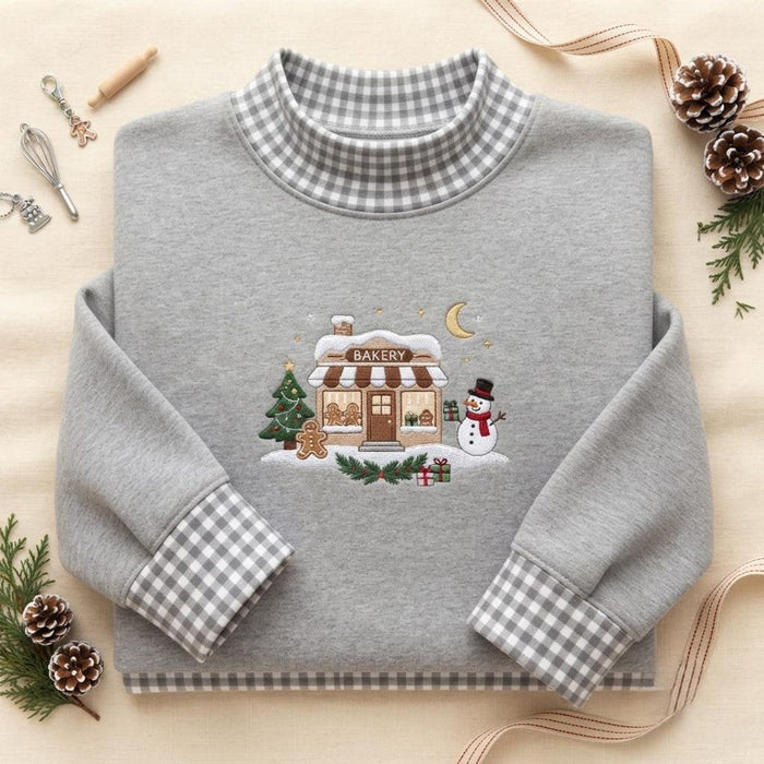Christmas Gingerbread Bakery Snowman Holiday Scene Embroidered Sweatshirt