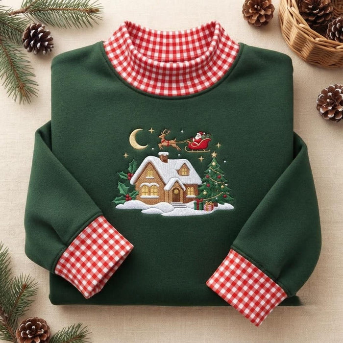 Christmas Santa Sleigh Reindeer Snow Cottage Holly Tree Gifts Moon Stars Embroidered Sweatshirt