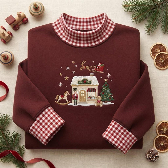 Christmas Toy Shop Nutcracker Santa Sleigh Rocking Horse Gingerbread House Embroidered Sweatshirt