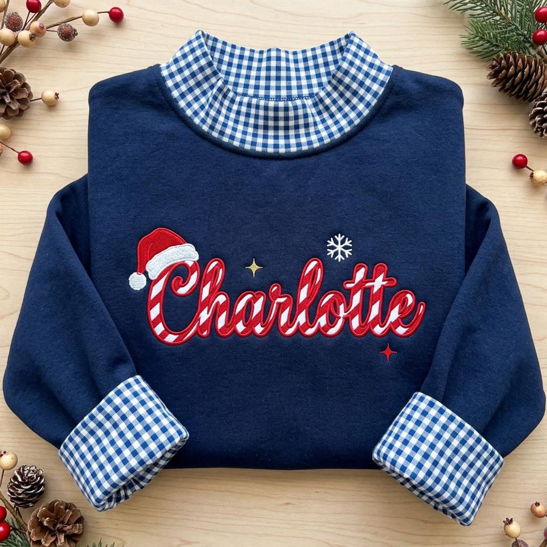 Personalized Candy Cane Name Santa Hat Snowflake Christmas embroidered sweatshirt — front view