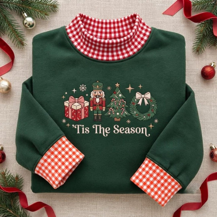 Tis the Season Nutcracker Christmas Tree Wreath Gift Box Holiday Embroidered Sweatshirt