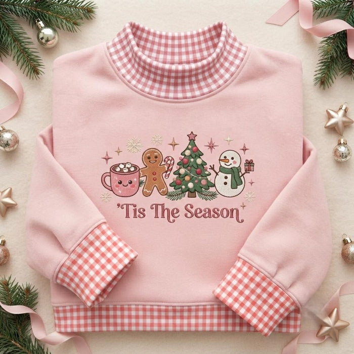 Tis the Season Christmas Hot Cocoa Gingerbread Snowman Tree Holiday Embroidered Sweatshirt