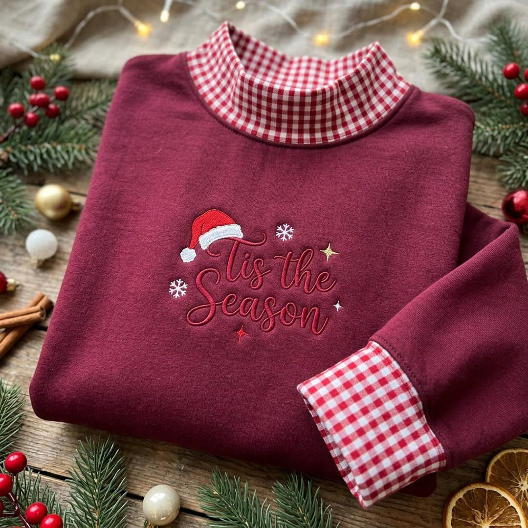Tis the Season Santa Hat Snowflakes Christmas embroidered sweatshirt — front view