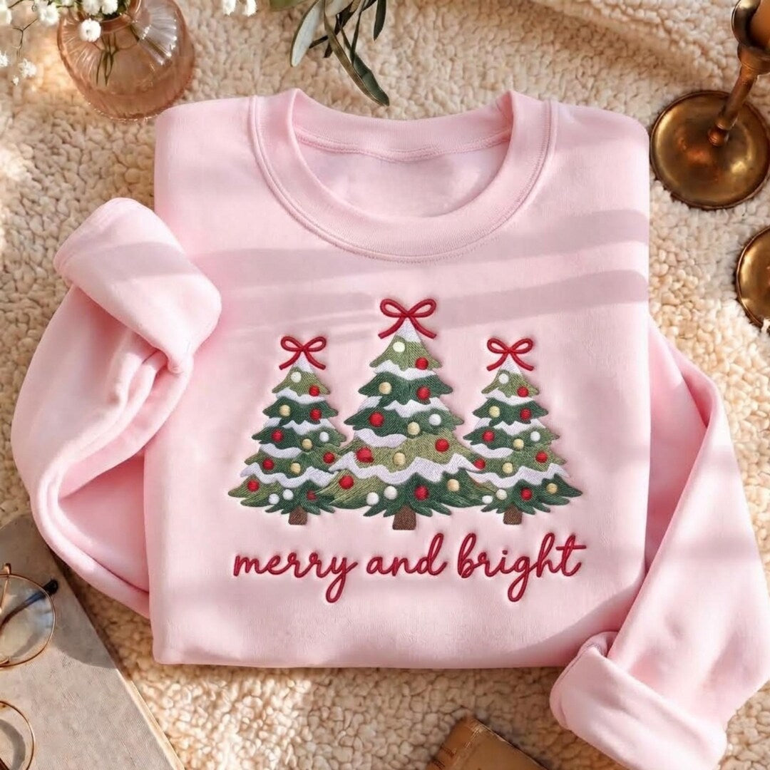 Merry and Bright Three Christmas Trees Coquette Bows embroidered hoodie — front view
