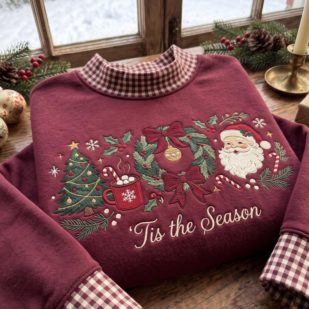 'tis the Season Santa Wreath Christmas Tree Hot Cocoa Vintage Holiday embroidered sweatshirt — front view