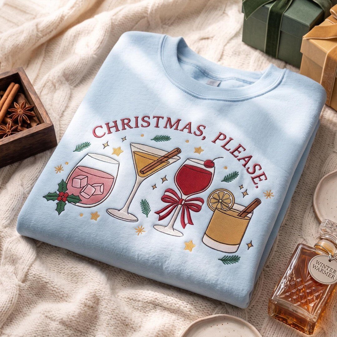 Christmas Please Holiday Cocktail Drinks Holly Bow Stars embroidered sweatshirt — front view
