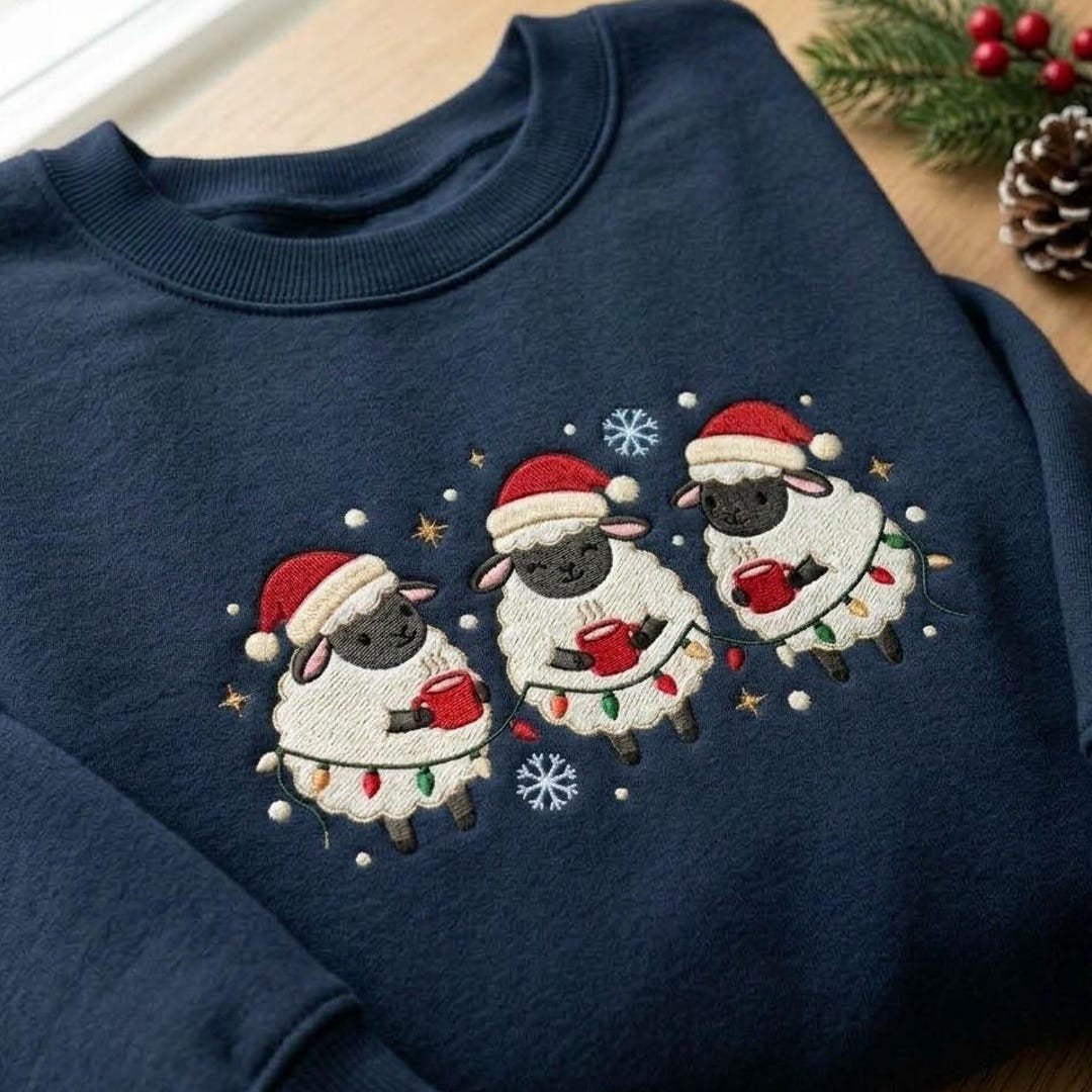 Christmas Sheep Santa Hat Hot Cocoa String Lights Holiday embroidered sweatshirt — front view