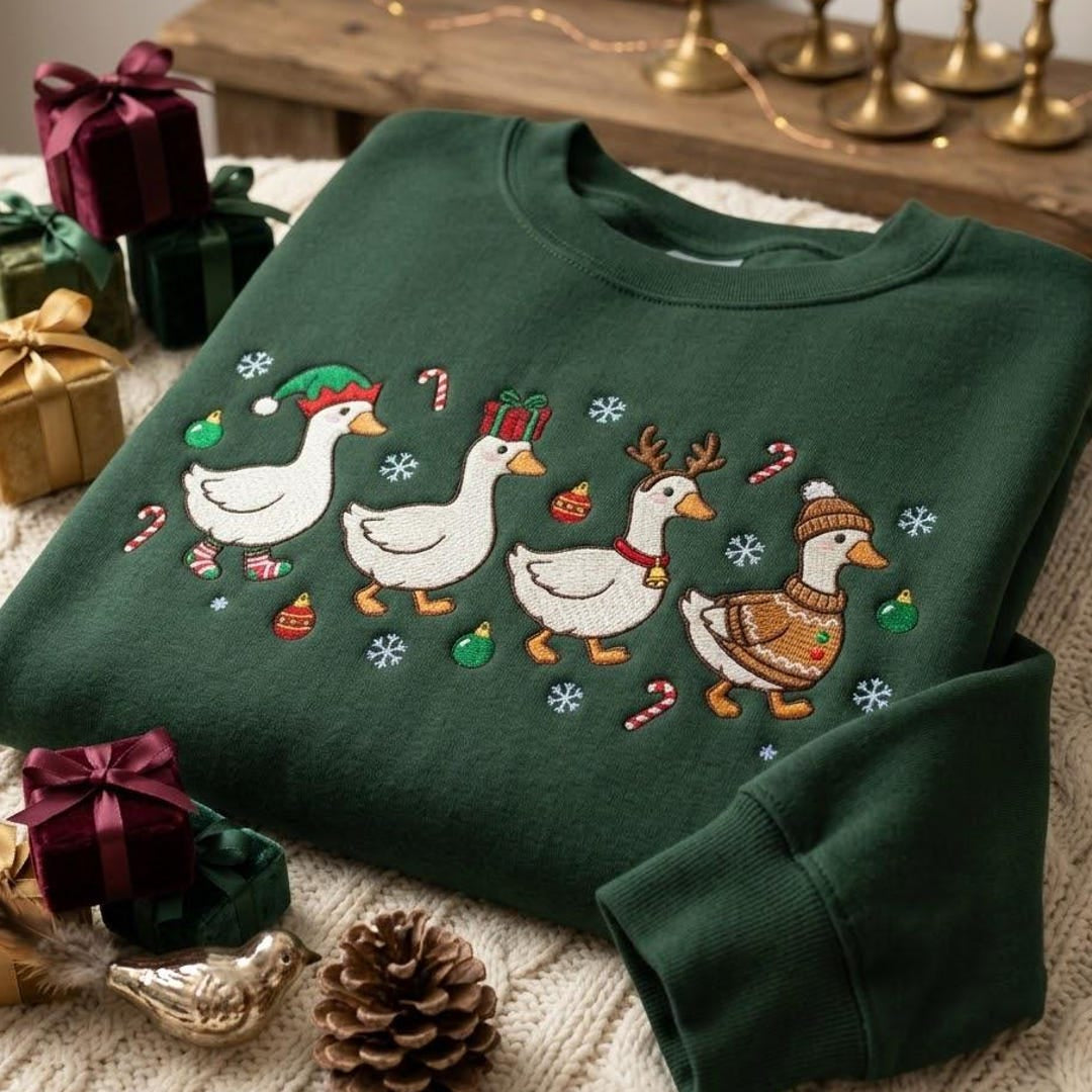 Christmas Geese Holiday Festive Ducks Elf Reindeer Ugly Sweater embroidered sweatshirt — front view