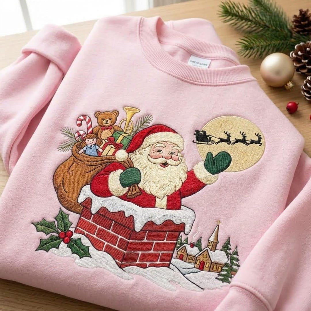 Vintage Santa Claus Chimney Reindeer Sleigh Moon Holly Village Christmas embroidered sweatshirt — front view