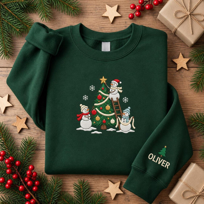 Personalized Snowmen Decorating Christmas Tree Sleeve Name Embroidered Sweatshirt