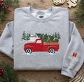 Personalized Christmas Vintage Red Truck Christmas Tree Snow Scene embroidered sweatshirt — front view