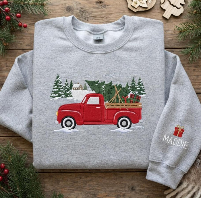 Personalized Christmas Vintage Red Truck Christmas Tree Snow Scene Embroidered Sweatshirt