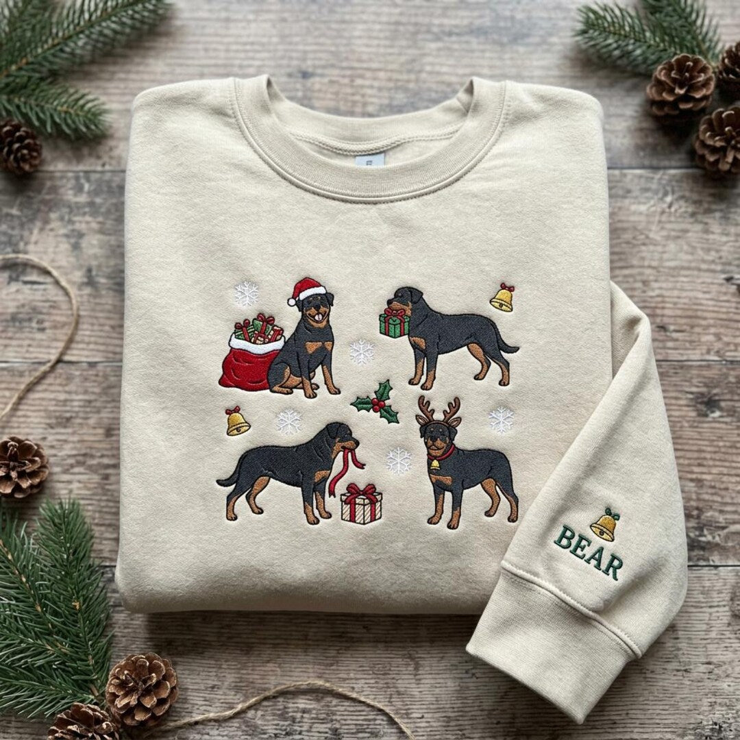 Personalized Rottweiler Christmas Santa Reindeer Holiday Pet Name embroidered sweatshirt — front view