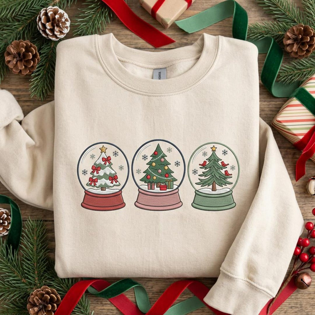 Christmas Tree Snow Globe Trio Holiday Festive embroidered sweatshirt — front view