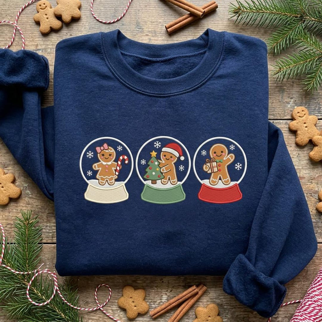 Christmas Gingerbread Snow Globe Trio Holiday embroidered sweatshirt — front view