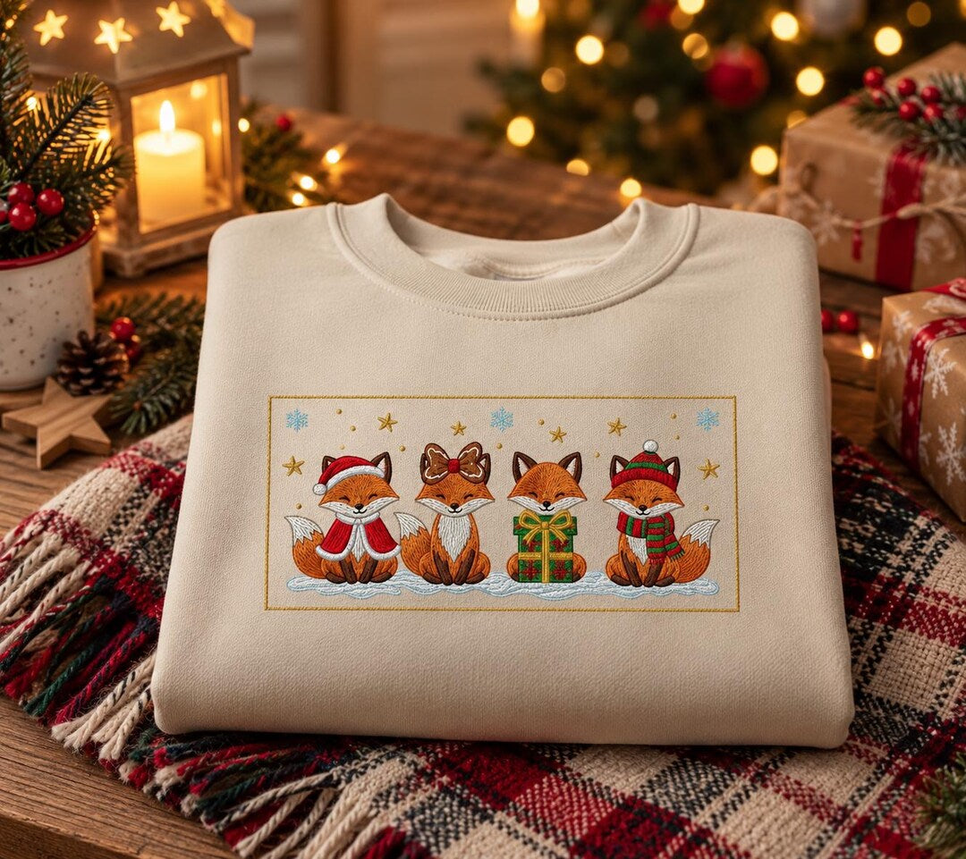 Christmas Four Foxes Santa Hat Scarf Gift Snow Stars Holiday embroidered sweatshirt — front view