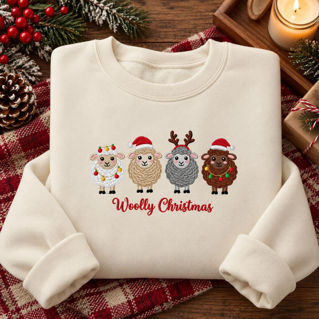 Woolly Christmas Four Cute Sheep Santa Reindeer Holiday embroidered sweatshirt — front view