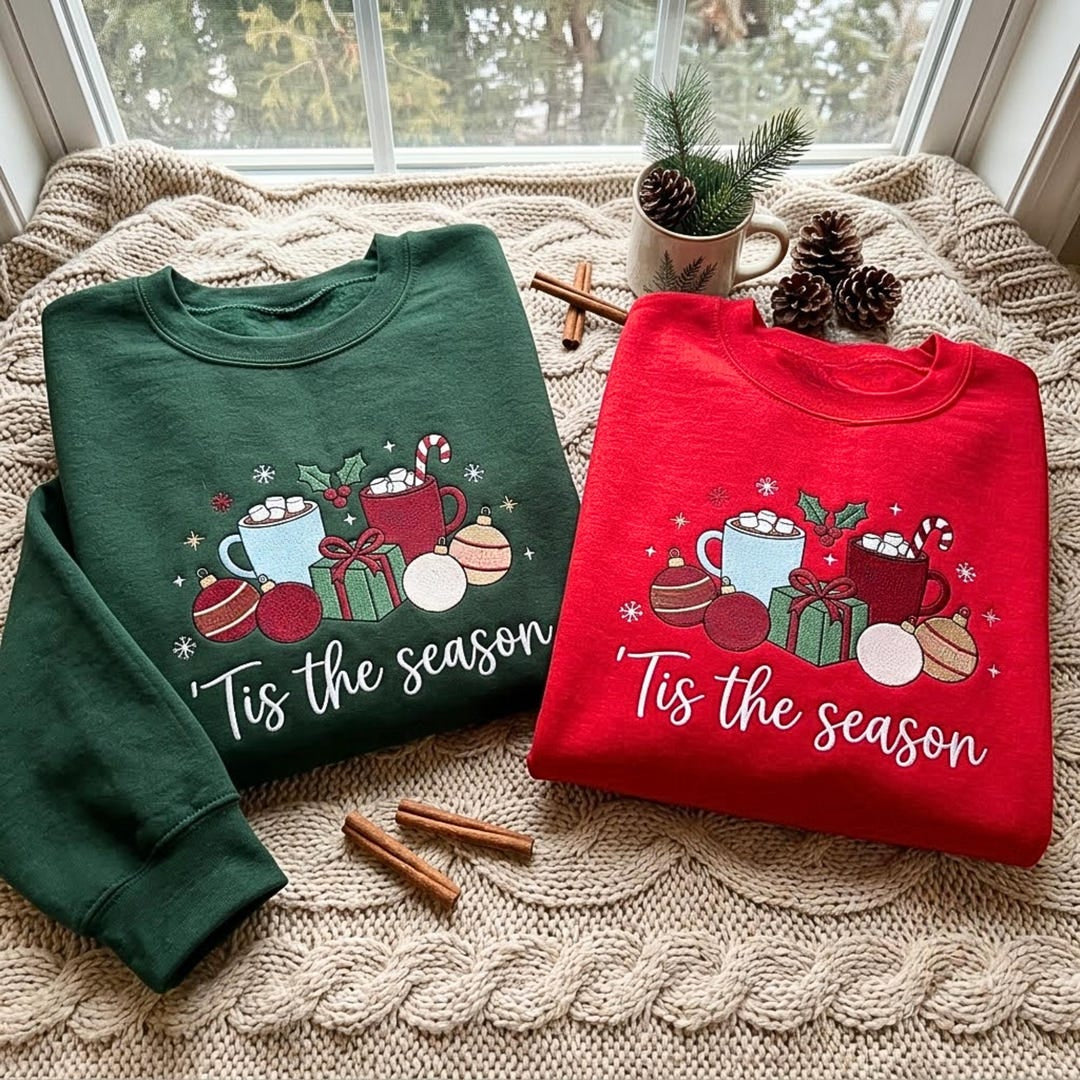 Tis the Season Hot Cocoa Christmas Ornaments Holiday embroidered sweatshirt — front view