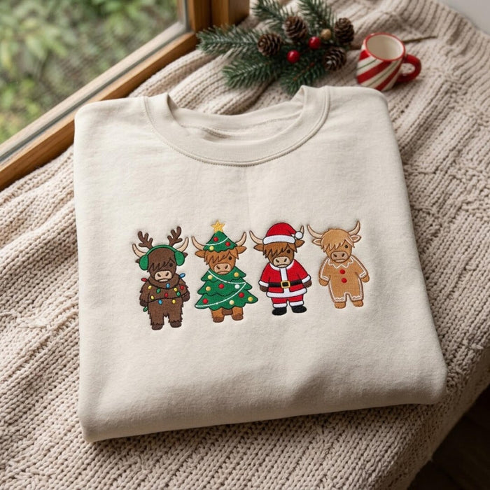 Christmas Highland Cow Four Festive Costumes Santa Tree Reindeer Gingerbread Embroidered Sweatshirt