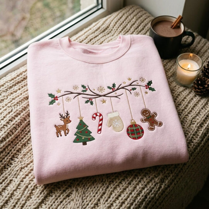 Christmas Branch Ornaments Reindeer Gingerbread Tree Candy Cane Mitten Plaid Ball Embroidered Sweatshirt