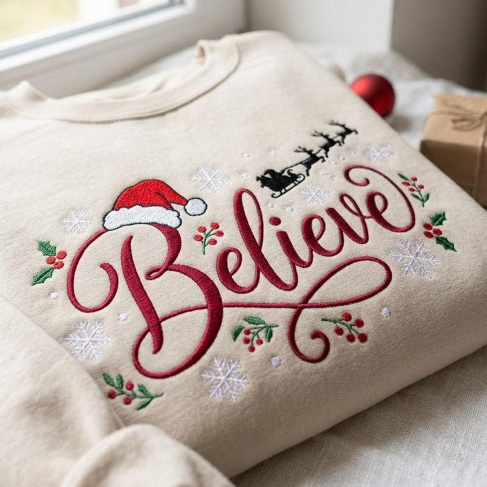 Christmas Believe Santa Hat Reindeer Sleigh Holly Snowflakes Embroidered Sweatshirt